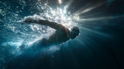 swimmer underwater performing freestyle stroke with sunlight