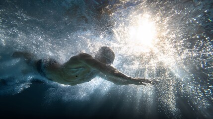 swimmer powerfully strokes underwater with bubbles and sun rays