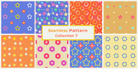 Colorful seamless patterns featuring stars dots and geometric shapes collection
