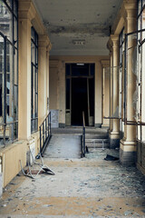Abandoned hospital courtyard with classical architecture