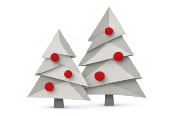 White abstract geometric christmas trees decorated with red ornaments on transparent background, holiday season celebration