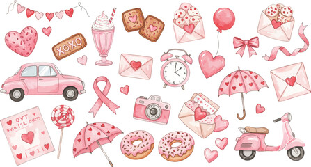 Valentine s day sweet treats and symbols in pink hues on white