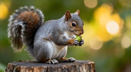 Grey squirrel eating green acorn on a tree stump in autumn, UK.