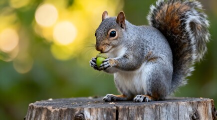Obraz premium Grey squirrel eating green acorn on a tree stump in autumn, UK.
