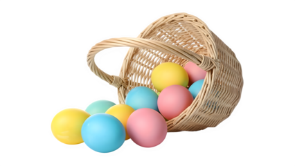 Colorful easter eggs spilling from wicker basket isolated on transparent background