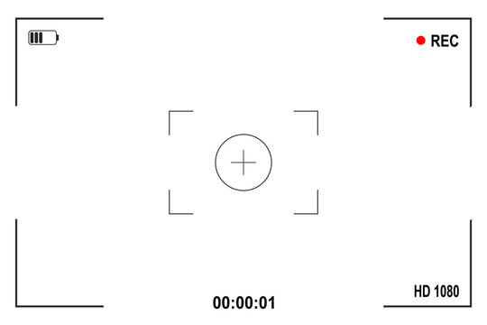 Photo and video camera viewfinder display screen frame, camera interface overlay shows information indicators, zoom exposure, camcorder shutter snapshot, frame and picture from surveillance or film