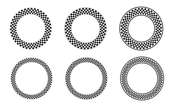 Round chequered frames, checkerboard labels, racing flag, circle banner