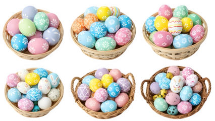 Six baskets of colorful easter eggs isolated on transparent background