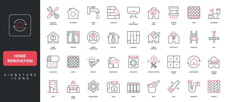 Home renovation, maintenance and repair, house reconstruction plan line icon set. Interior design improvement, quality guarantee, diy tools thin black and red outline symbols vector illustration