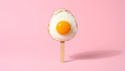 Fried egg styled as popsicle on stick, surreal breakfast concept over pastel pink background.