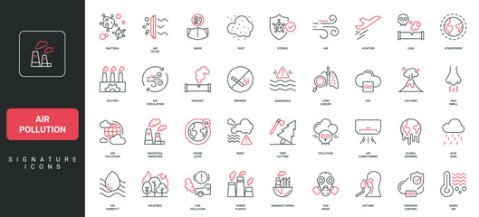 Air pollution, dust and bacteria, toxic acid rain and smog, exhaust pollute atmosphere line icon set. Industrial CO2 emissions danger and control thin black and red outline symbols vector illustration
