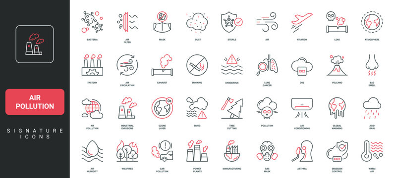 Air pollution, dust and bacteria, toxic acid rain and smog, exhaust pollute atmosphere line icon set. Industrial CO2 emissions danger and control thin black and red outline symbols vector illustration