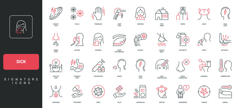 Respiratory diseases and virus infection, cold and flu symptoms of sick man line icon set. Asthma and runny nose, nasal congestion, cough thin black and red outline symbols vector illustration