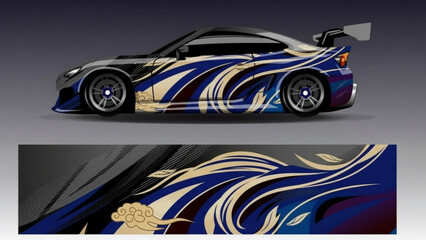 Sports car with custom blue and gold abstract graphic vinyl wrap design. © DB stock