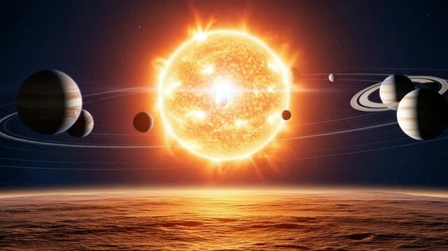 The sun and planets in our solar system orbiting around it in space with a beautiful cosmic background