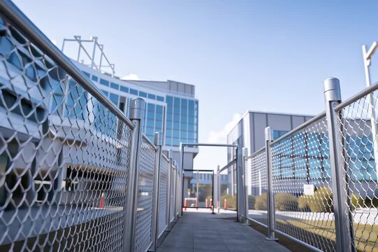 Modern school building is located behind a high metal chin-link fence.
