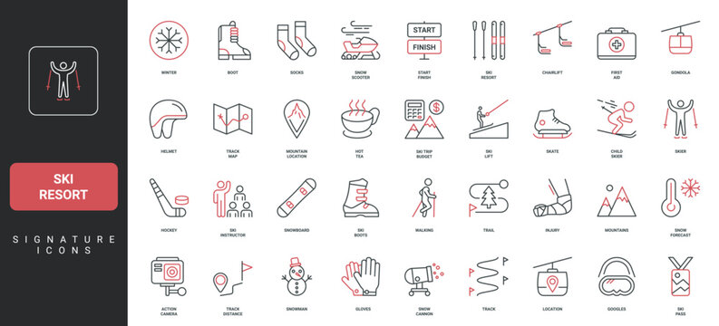 Ski resort in winter season, trail and track location, instructor, trip budget line icon set. Mountains and snow forecast, snowmobile and cannons thin black and red outline symbols vector illustration
