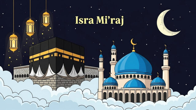 Night Scene with Kaaba and Mosque Celebrating Islamic Night Journey and Ascension