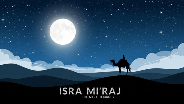 Inspirational Islamic Illustration Isra Mi raj Night Journey Silhouette under Full Moon