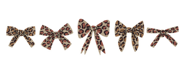 Leopard Bow Pattern Print Animal Set. Cute Ribbon Graphic Collection. Vector Design Clipart