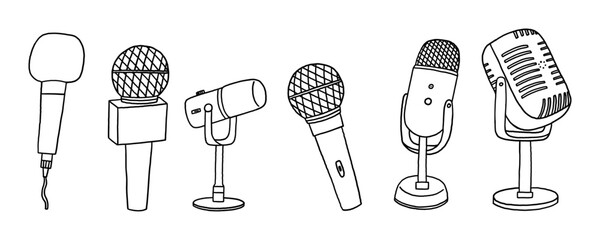 Sketch Mic Podcast Music Set. Doodle Radio  Karaoke Microphone Collection. Vector Illustration