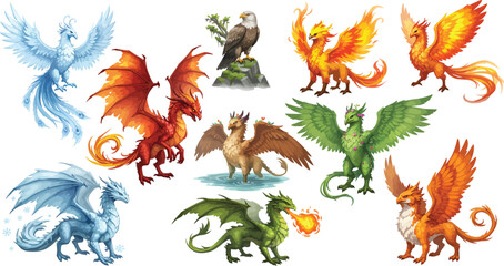Collection of colorful fantasy dragons in various poses and colors