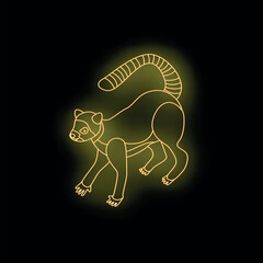 Stylized neon yellow glowing ring tailed lemur walking on black background © ylivdesign