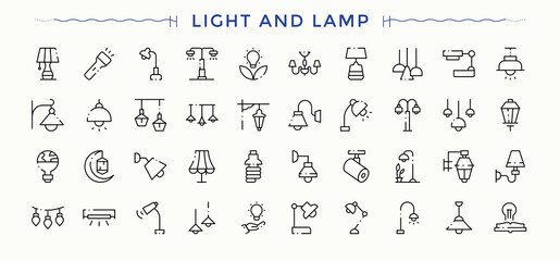Light And Lamp linear icon set. Light line icon set. Contains such icons as electricity, lamp, idea, illumination, spotlight and more.