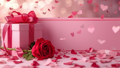 Gift Box With Rose and Heart Shapes on a Pink Background During a Celebration