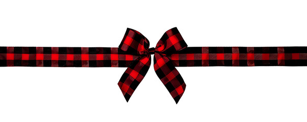 Red and Black Plaid Ribbon Bow Isolated on Transparent Background