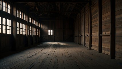 Low Light Realistic View of an Empty Wooden Barracks Interior