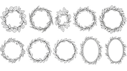 Hand drawn circular floral wreaths and frames set