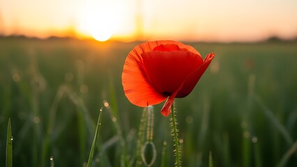 Vibrant red poppy flower blooming in a lush green field at sunset