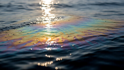 Fototapeta premium Rainbow oil slick on the surface of dark water reflecting the sun's bright glare