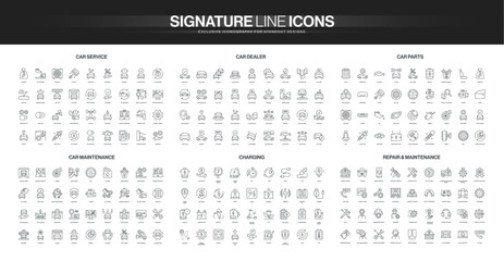 Comprehensive set of thin line icons covering car service, dealership, parts, maintenance, charging, and repair concepts for automotive industry isolated vector illustration