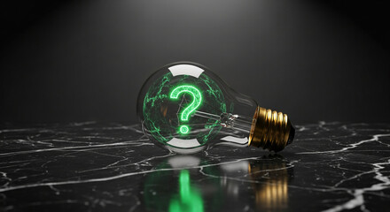 Glass bulb with electric-green question mark inside, placed on black marble, suggesting idea, question, mystery, uncertainty, doubt and possible solution
