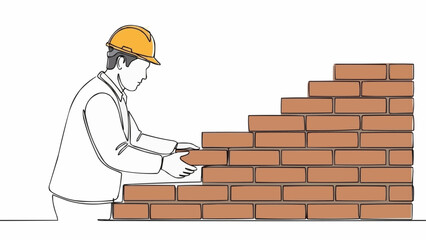 Construction worker building a brick wall with focus and precision.