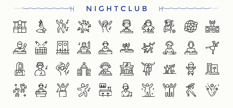 Nightclub modern icon set. Bar web icons pack. Trendy minimal icons. Party line icon set. Editable vector art.