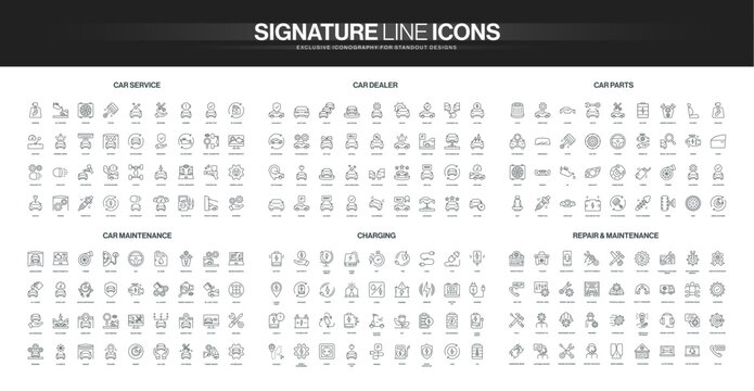 Comprehensive set of thin line icons covering car service, dealership, parts, maintenance, charging, and repair concepts for automotive industry isolated vector illustration