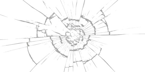 Shattered glass effect with a radiating crack pattern on a plain white background