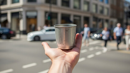 A simple metallic cup held in hand, representing a momentary pause within the energetic flow of a vibrant city street