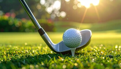   
Close-up of golf club behind ball on tee, sunlit grass, ready for swing, warm morning glow.