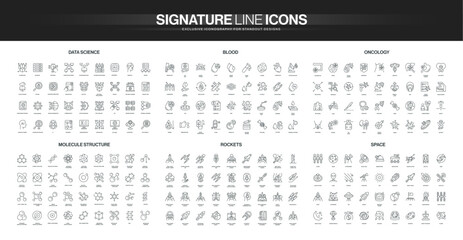 Comprehensive line icon collection covering data science, blood analysis, oncology, molecular structure, rockets, and space exploration themes isolated vector illustration © Icon Majesty