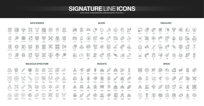 Comprehensive line icon collection covering data science, blood analysis, oncology, molecular structure, rockets, and space exploration themes isolated vector illustration