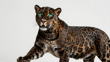 Naklejka premium A large feline predator, the leopard, is in motion. Its fur is thick and shiny. Its bright green eyes draw attention, creating the impression of an intense gaze.