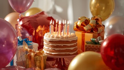 Birthday Celebration With Candles on Cake and Colorful Presents Around