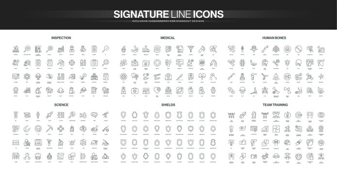 Line icon collection covering inspection, medical tools, human bones, science, shields, and team training concepts, suitable for diverse educational and professional uses isolated vector illustration