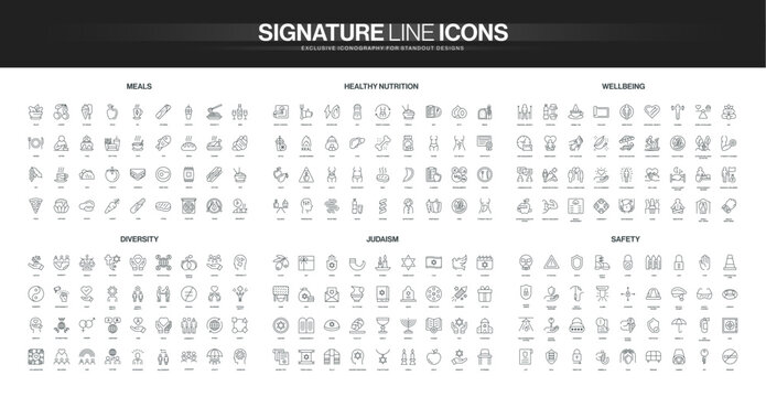 Collection of thin line icons covering meals, healthy nutrition, wellbeing, diversity, Judaism, and safety themes, suitable for visualizing lifestyle and cultural concepts isolated vector illustration