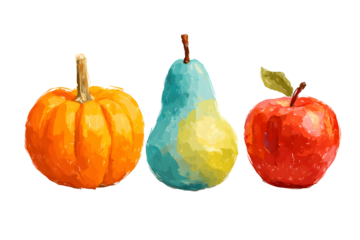 Still Life Pumpkin, Teal Pear, and Red Apple, isolated on transparent background