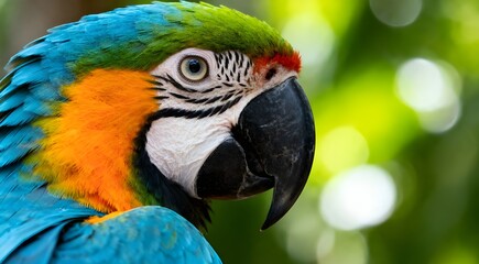 Obraz premium A close-up portrait of a Macaw parrot, focusing on its detailed, colorful feathers and striking eyes. The background is blurred, emphasizing the bird's vivid colors and intricate feather patterns. 